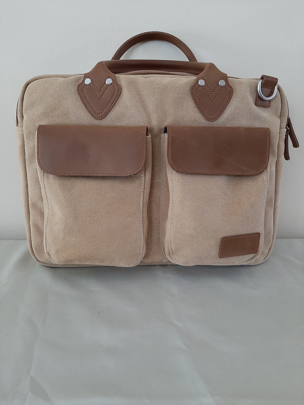 Renwick Tan Canvas Laptop Briefcase with Brown Leather Trim